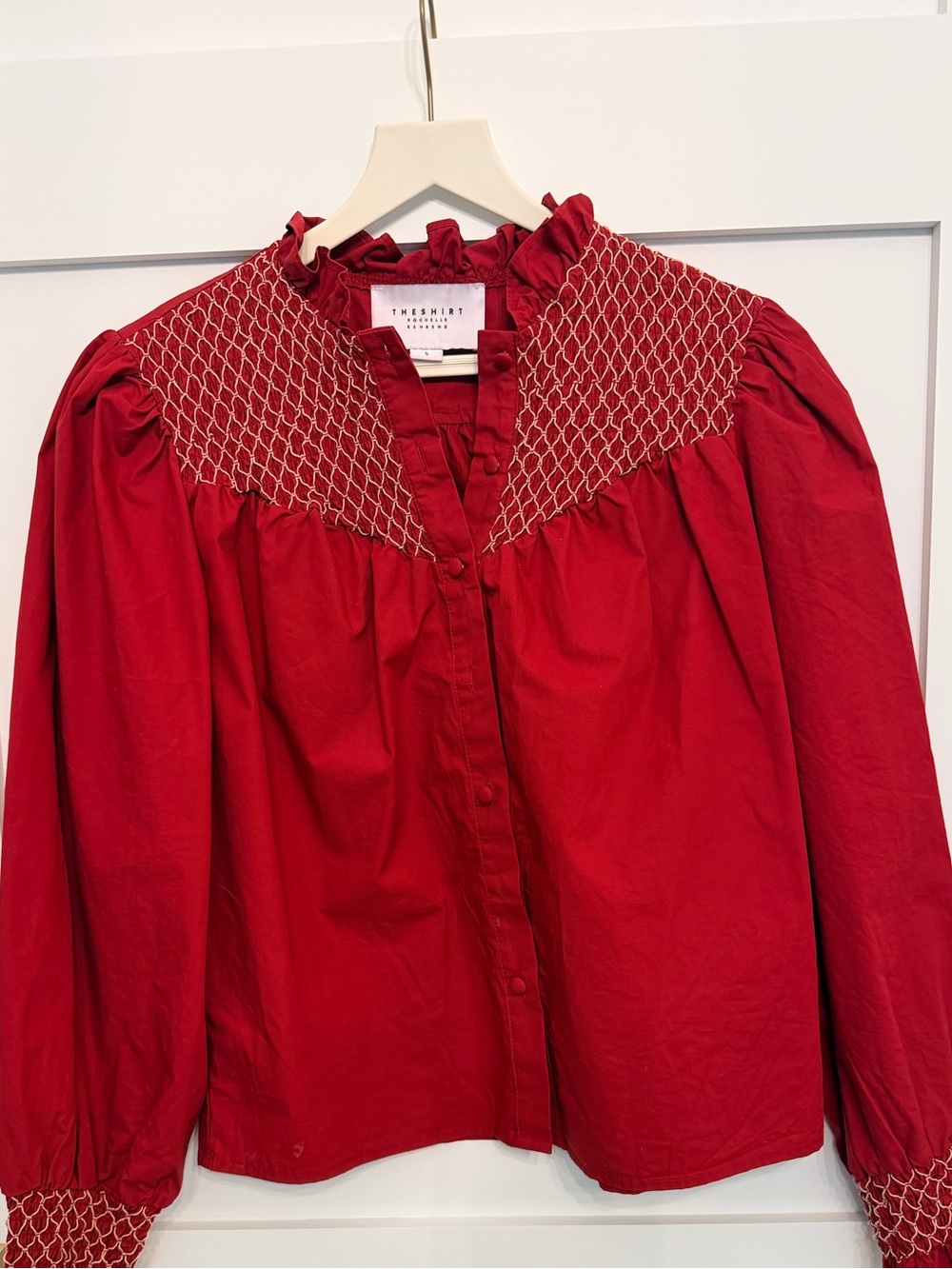 The Shirt by Rochelle Behrens Red Smocked Yoke Button-Front Blouse